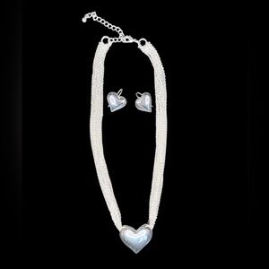 Multi-Strand Silver Necklace w/ a Large Puffy Heart Pendant & Heart Earrings